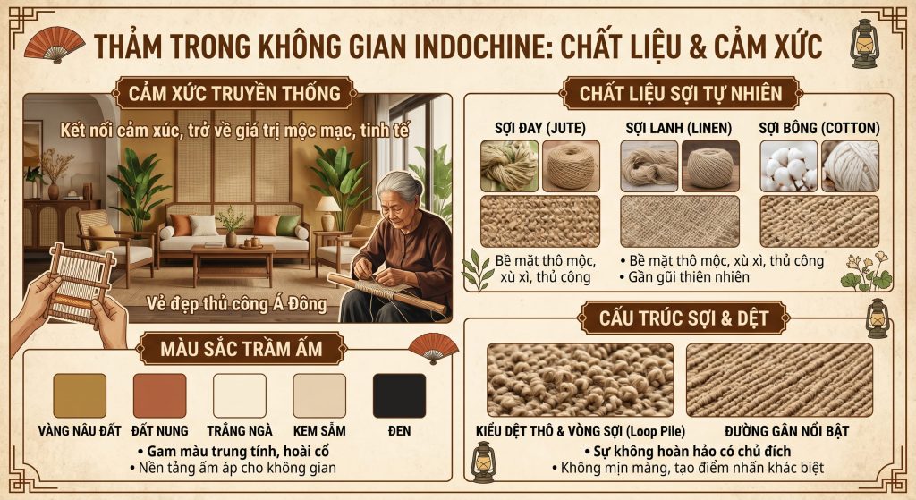 Thảm phong cách Indochine kết nối cảm xúc, trở về giá trị truyền thống qua chất liệu mộc mạc như đay, lanh, bông; màu sắc trầm ấm; cấu trúc sợi dệt thô, vòng xù hoặc đường gân nổi bật, với sự "không hoàn hảo có chủ đích" làm nên vẻ đẹp khác biệt và gần gũi thiên nhiên