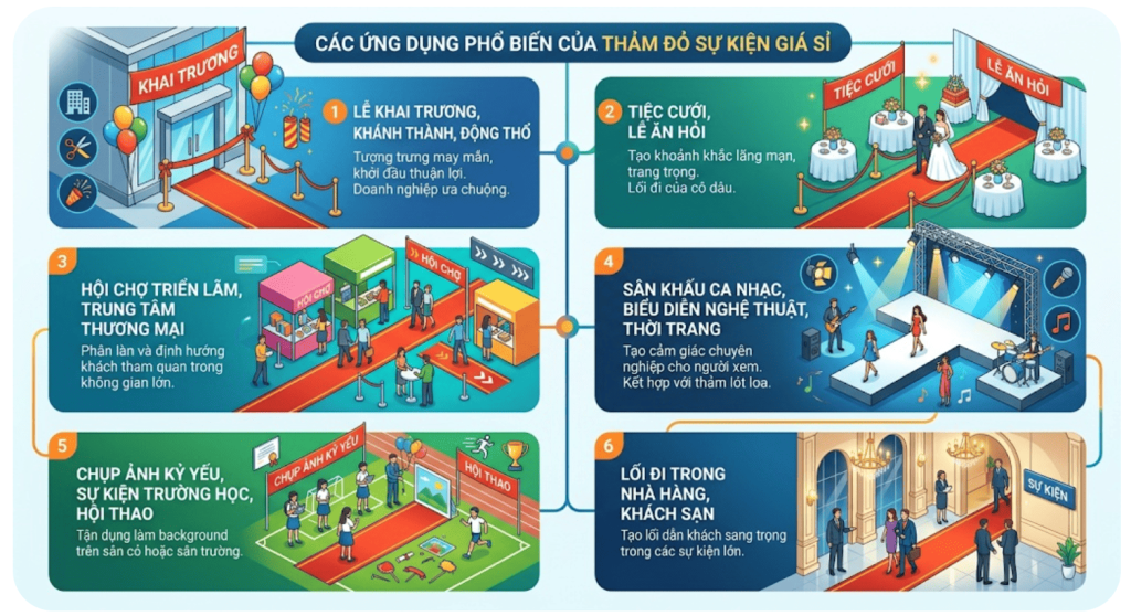 Thảm đỏ sự kiện gi&aacute; sỉ c&oacute; t&iacute;nh linh hoạt v&agrave; khả năng th&iacute;ch ứng với nhiều loại h&igrave;nh chương tr&igrave;nh