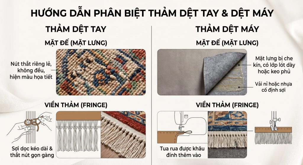 Kiểm tra mặt đế l&agrave; c&aacute;ch nhanh nhất v&agrave; ch&iacute;nh x&aacute;c nhất để ph&acirc;n biệt thảm dệt m&aacute;y vs dệt tay