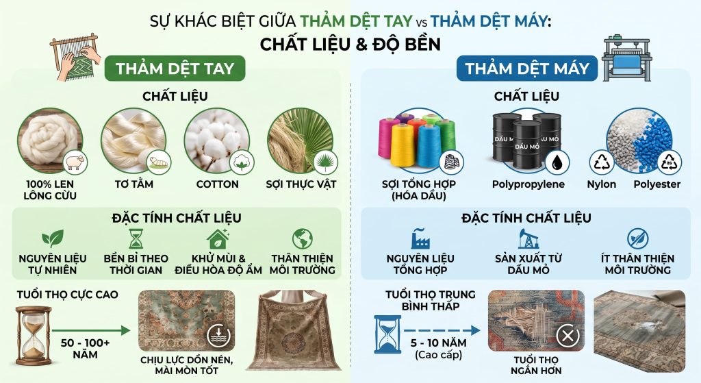 So s&aacute;nh chất liệu v&agrave; độ bền của thảm dệt m&aacute;y vs dệt tay&nbsp;