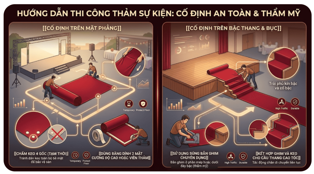 Thi c&ocirc;ng thảm đỏ sự kiện gi&aacute; sỉ cần được thực hiện đ&uacute;ng kỹ thuật để đảm bảo bề mặt căng phẳng, kh&ocirc;ng bị x&ocirc; lệch trong suốt thời gian diễn ra chương tr&igrave;nh