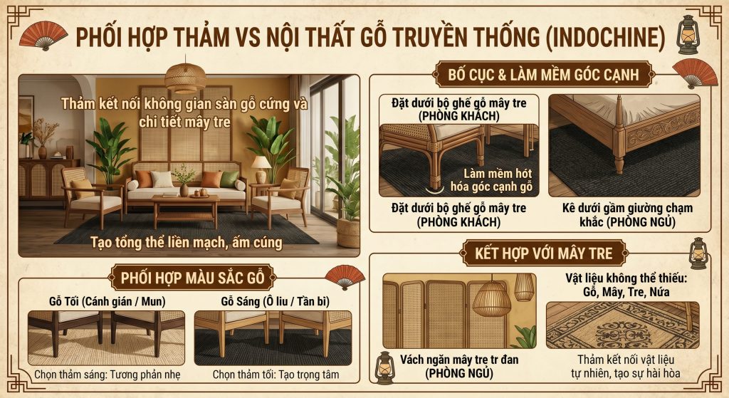 Việc kết hợp thảm phong cách Indochine với nội thất gỗ đòi hỏi sự tính toán kỹ lưỡng để đảm bảo sự hài hòa