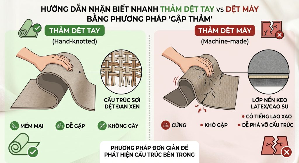 Ngo&agrave;i việc quan s&aacute;t mặt đế v&agrave; tua rua, c&aacute;c chuy&ecirc;n gia thảm c&ograve;n sử dụng phương ph&aacute;p gập thảm để nhận biết thảm dệt m&aacute;y vs dệt tay