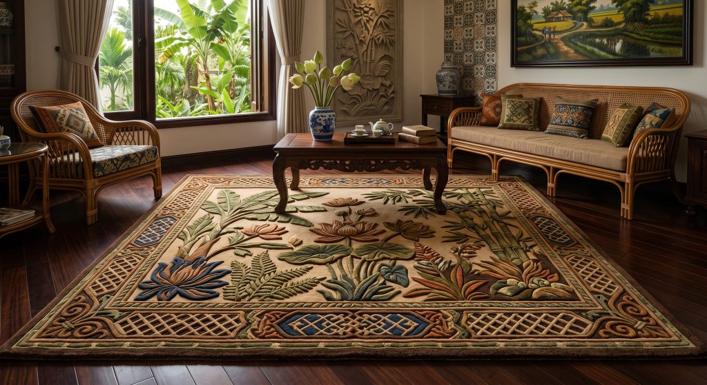 Thảm phong cách Indochine hoa văn điêu khắc nổi 3D lấy cảm hứng từ kiến trúc Đông Dương