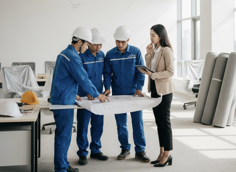 Kỹ thuật viên sẽ trao đổi phương án thi công thảm văn phòng layout với khách hàng ngay tại công trình