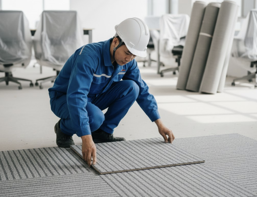 Bước 4 trong thi công thảm văn phòng là quá trình trải thảm, căn chỉnh vân, cắt góc và hoàn thiện mép tường để tạo bề mặt liền mạch và ổn định