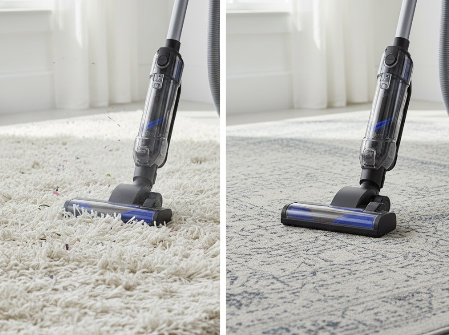 So sánh thảm lông xù và lông ngắn về khả năng vệ sinh: Thảm lông xù giữ bụi sâu trong sợi, trong khi thảm lông ngắn dễ hút sạch và phù hợp với thói quen vệ sinh hằng ngày