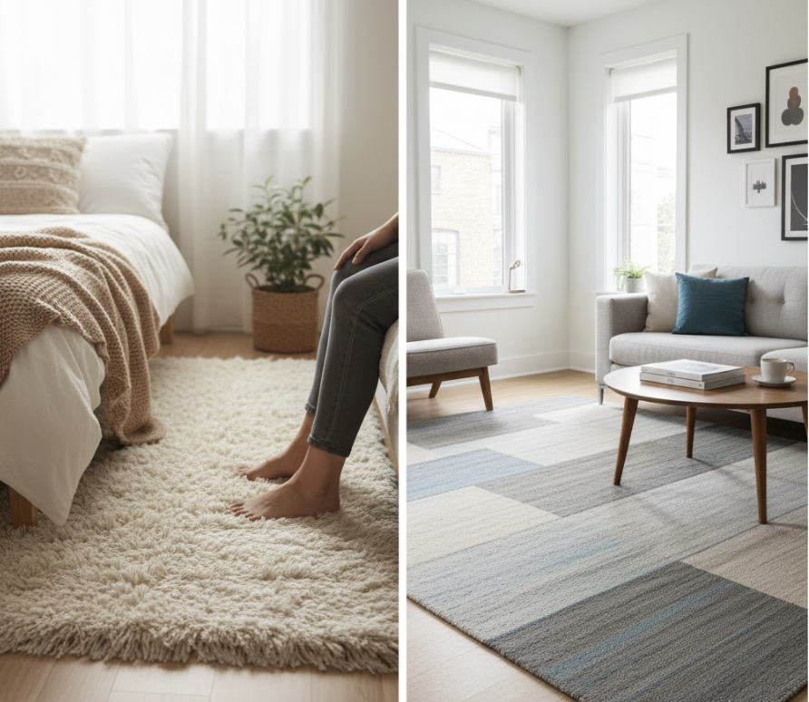 So sánh thảm lông xù và lông ngắn về không gian sử dụng phù hợp
