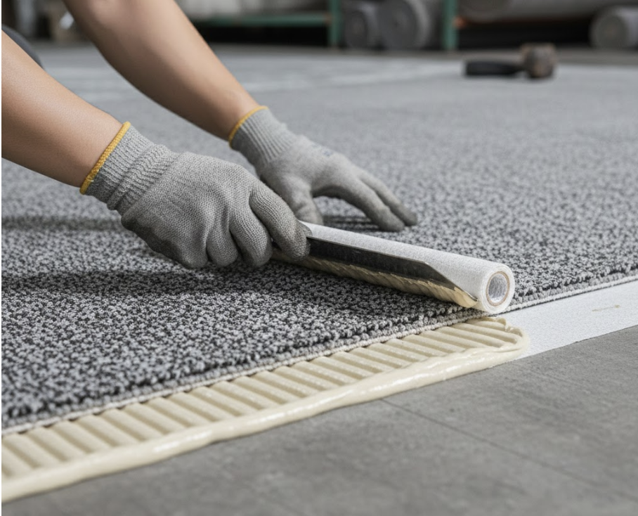 Canh mép, dán băng nối và thoa keo đúng định mức là kỹ thuật cốt lõi trong quy trình thi công thảm cuộn khi xử lý các vị trí ghép nối