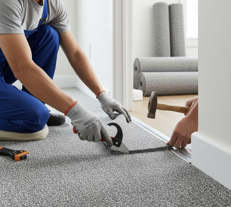 Giai đoạn hoàn thiện giúp kiểm tra toàn diện chất lượng bề mặt theo tiêu chuẩn của quy trình thi công thảm cuộn trước khi bàn giao