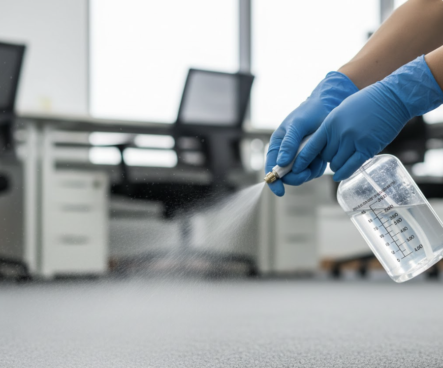 Dung dịch được pha loãng theo tỉ lệ chuyên môn và phun dạng sương mịn, đảm bảo dịch vụ giặt thảm văn phòng xử lý được vết bẩn mà vẫn giữ bề mặt thảm ổn định