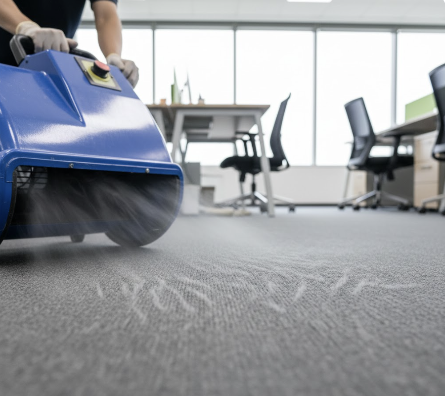 Quạt gió công nghiệp được dùng để rút ngắn thời gian khô, giúp dịch vụ giặt thảm văn phòng bàn giao mặt sàn nhanh và đảm bảo độ ổn định của sợi thảm