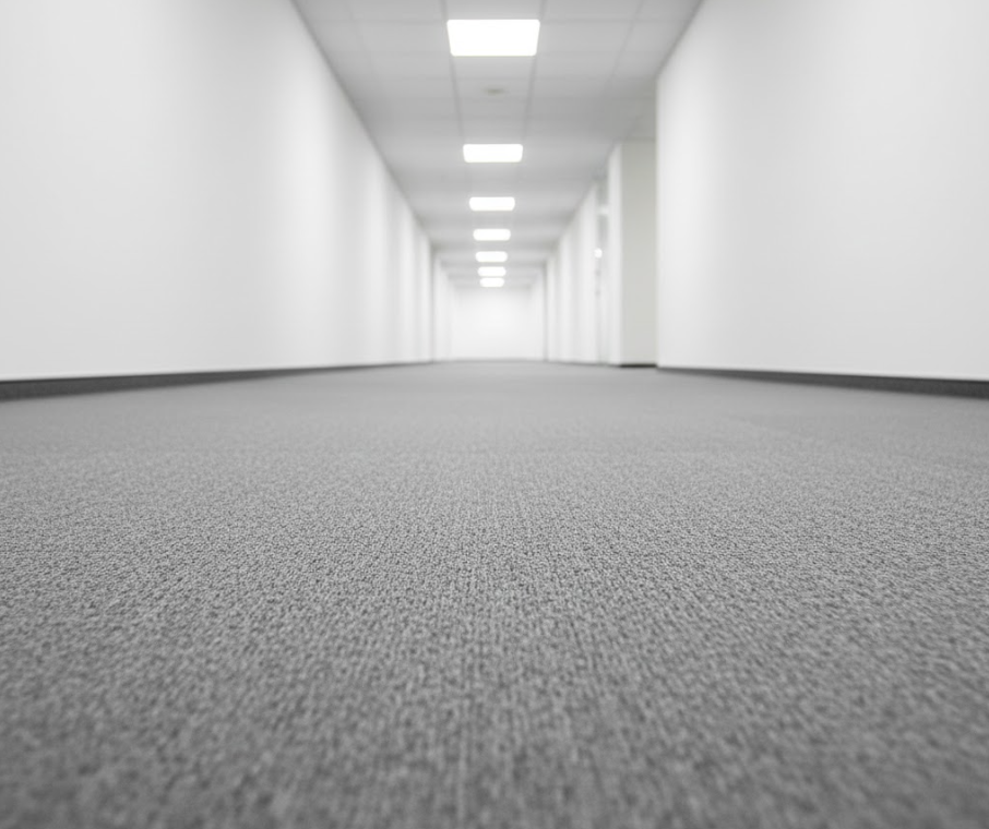 Thảm tấm ghép 50x50 vân tuyến tính khi ghép cùng hướng giúp không gian hẹp trông dài và gọn hơn, phù hợp hành lang và khu vực corridor văn phòng