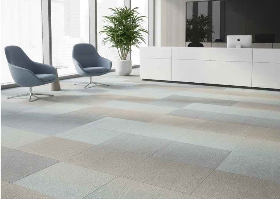 Thảm tấm ghép 50x50 hoa văn loang nhẹ giúp khu vực lễ tân giữ cảm giác mềm mại và hạn chế lộ đường ghép khi quan sát tổng thể mặt sàn
