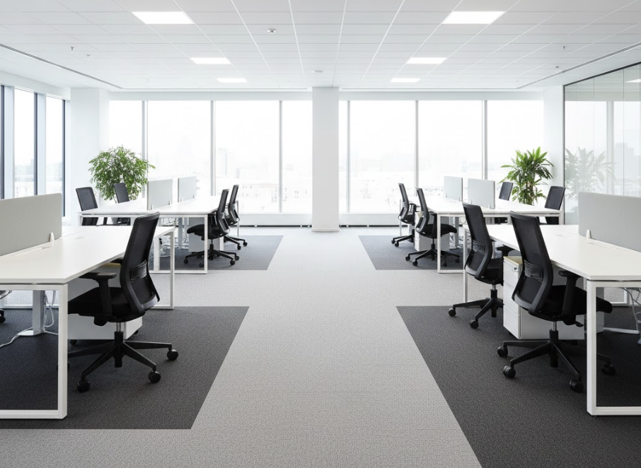 Thảm tấm ghép 50x50 phối theo dải màu giúp phân tách lối đi và khu làm việc rõ ràng trong văn phòng