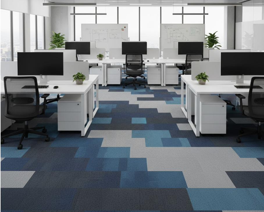 Thảm tấm ghép 50x50 hoa văn pixel tạo cảm giác chuyển động nhẹ trên mặt sàn, phù hợp môi trường làm việc của các công ty công nghệ và agency