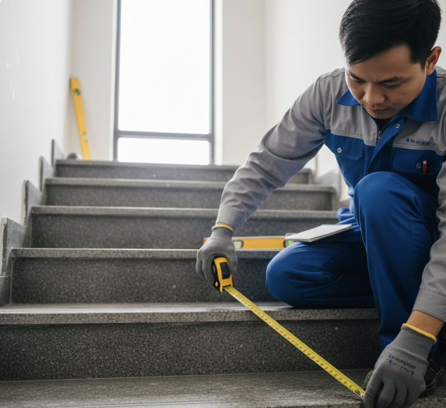 Trước khi thi công thảm trải sàn cầu thang, đội kỹ thuật tiến hành đo riêng từng bậc để đảm bảo thảm ôm sát và hạn chế hở mép