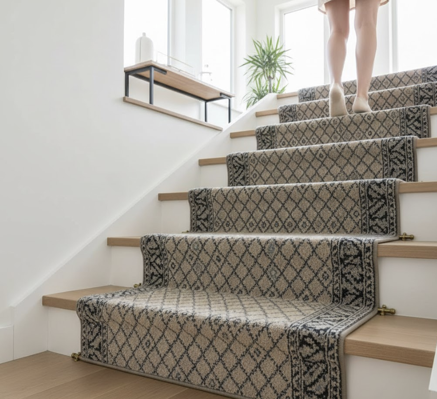 Việc thử bước chân giúp đánh giá độ phẳng và khả năng chống trượt của thảm trải sàn cầu thang trước khi bàn giao