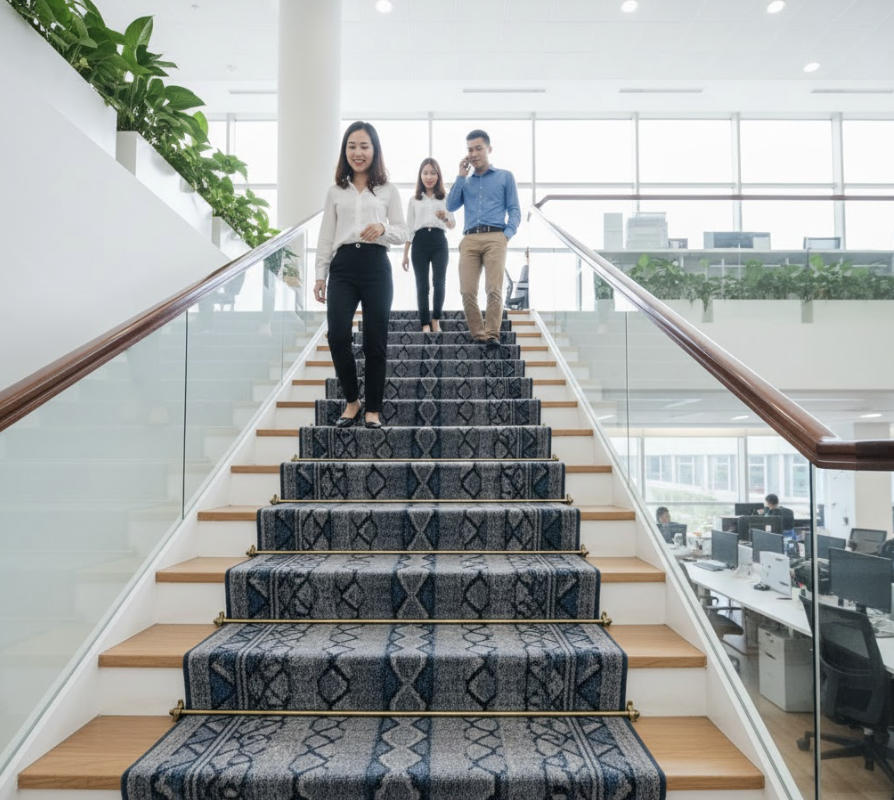 Qua trải nghiệm thực tế tại văn phòng, thảm trải sàn cầu thang giúp việc di chuyển giữa các tầng diễn ra êm và an toàn hơn