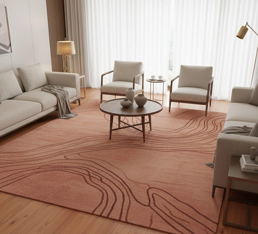 Với mệnh Hỏa, phong thủy thảm trải sàn ưu tiên các gam ấm như đỏ nâu hoặc cam đất nhạt, được điều chỉnh sắc độ để phù hợp không gian sinh hoạt chung.