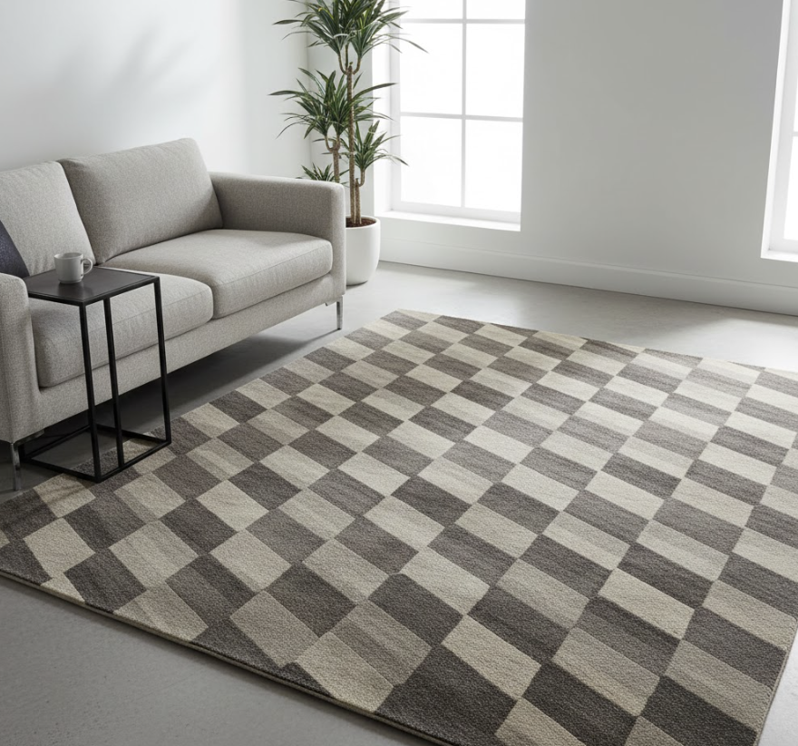 Mẫu thảm trải sàn 3D họa tiết hình học giúp mặt sàn phòng khách có chiều sâu rõ ràng và giữ bố cục gọn khi đặt dưới sofa và bàn trà