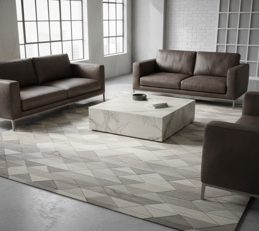 Thảm trải sàn 3D vân đá tạo cảm giác liền khối cho phòng khách, phù hợp không gian dùng nội thất da, đá hoặc kim loại