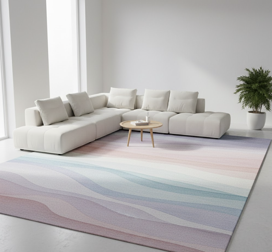 Với hiệu ứng loang màu nhẹ, thảm trải sàn 3D trừu tượng giúp mặt sàn bớt đơn điệu mà vẫn kiểm soát được tổng thể không gian