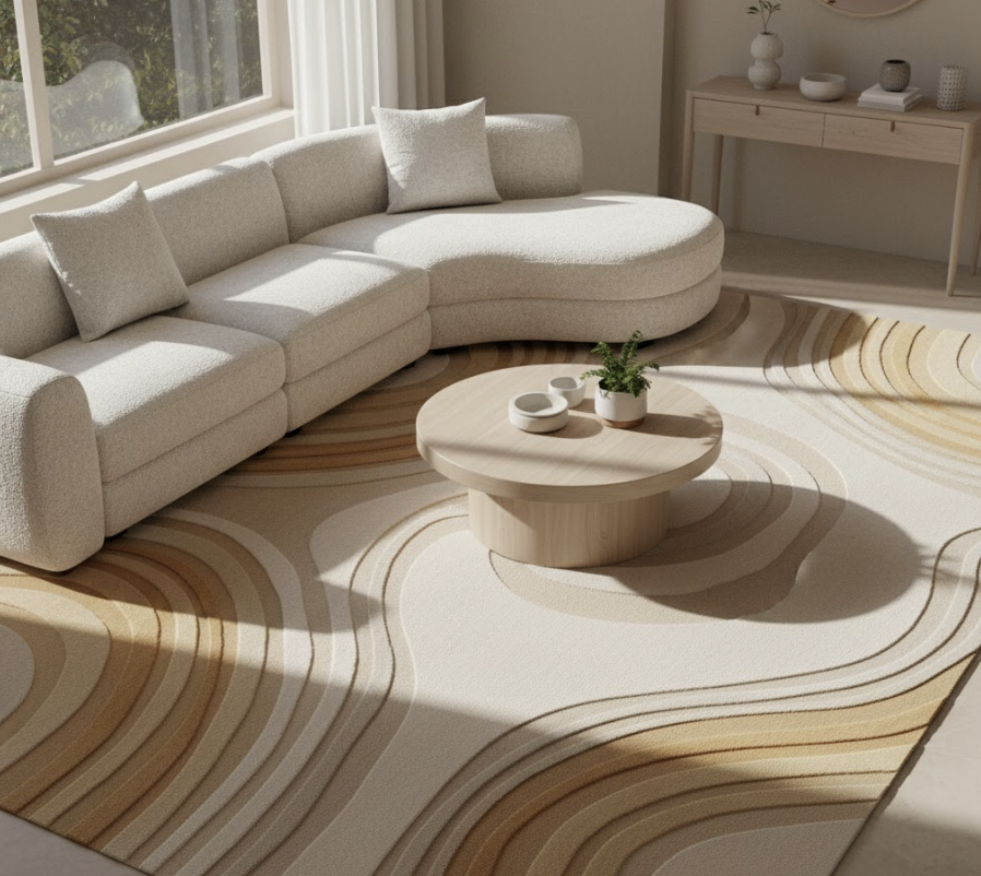 Thảm trải sàn 3D họa tiết đường cong thường được chọn cho phòng khách gia đình, nơi cần cảm giác mềm và dễ chịu khi di chuyển