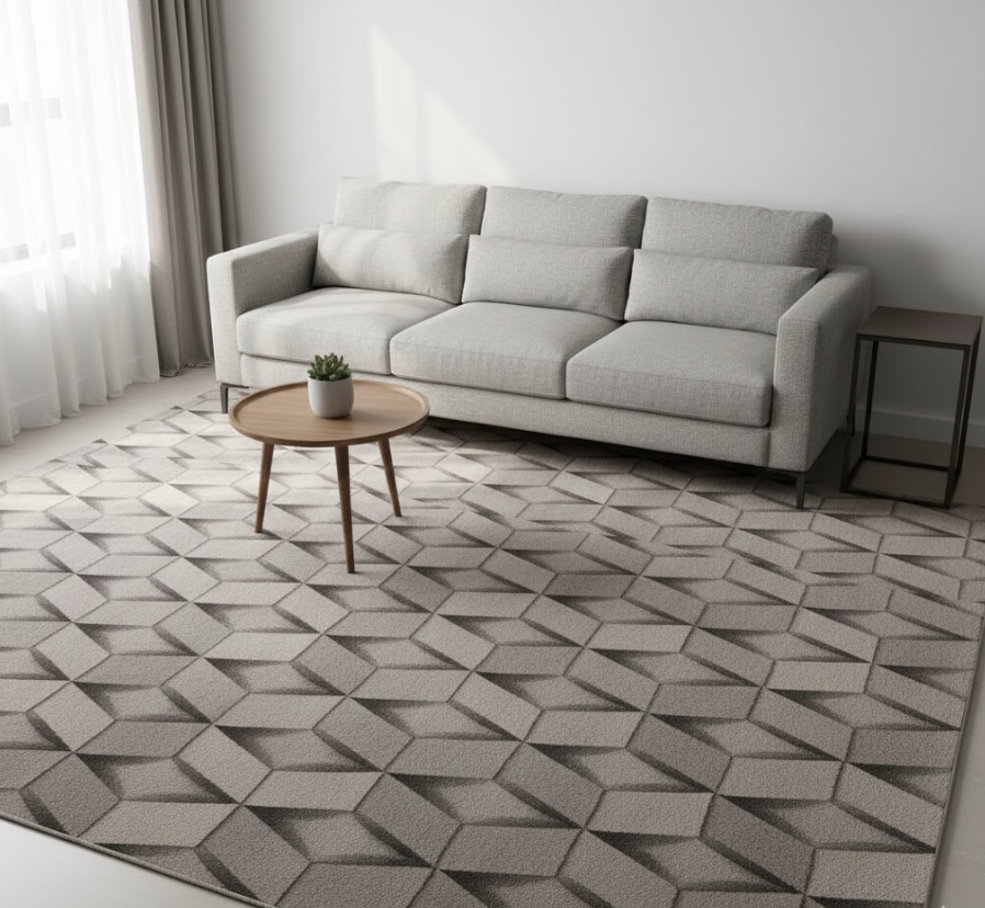 Dòng thảm trải sàn 3D phối màu trung tính phù hợp phòng khách nhỏ, tạo chiều sâu nhẹ cho sàn mà không làm không gian bị nặng màu
