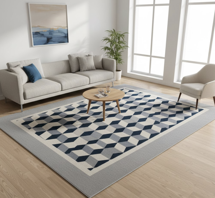 Thảm trải sàn 3D thiết kế theo bố cục trung tâm giúp khu vực sofa trở thành điểm nhìn chính của phòng khách