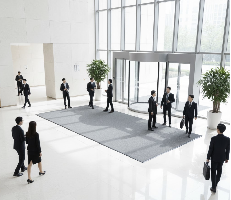 Thảm ch&ugrave;i ch&acirc;n văn ph&ograve;ng k&iacute;ch thước ph&ugrave; hợp gi&uacute;p sảnh rộng bớt trống trải v&agrave; h&ograve;a hợp với kiến tr&uacute;c hiện đại m&agrave; kh&ocirc;ng l&agrave;m rối kh&ocirc;ng gian