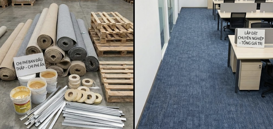 Khi so sánh thảm giá rẻ, mức đơn giá vật liệu tại xưởng chưa phản ánh toàn bộ chi phí thực tế. Vận chuyển, keo dán, phụ kiện và nhân công thi công là những khoản dễ phát sinh, khiến tổng chi phí hoàn thiện mặt sàn cao hơn dự tính ban đầu