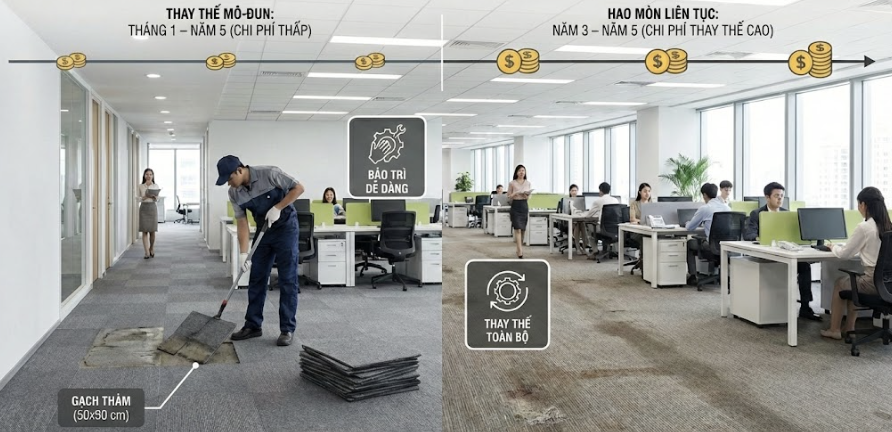 Thay vì nhìn vào giá mua ban đầu, phân tích LCC cho thấy thảm tấm 50x50 giúp giảm chi phí sửa chữa sau 3–5 năm nhờ khả năng thay từng khu vực chịu hao mòn