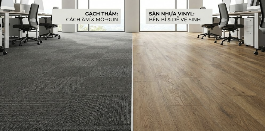 So sánh nhanh cho thấy thảm tấm 50x50 và sàn nhựa giả gỗ khác nhau rõ rệt về cấu trúc, cách sửa chữa và phương thức kiểm soát chi phí vòng đời trong môi trường văn phòng
