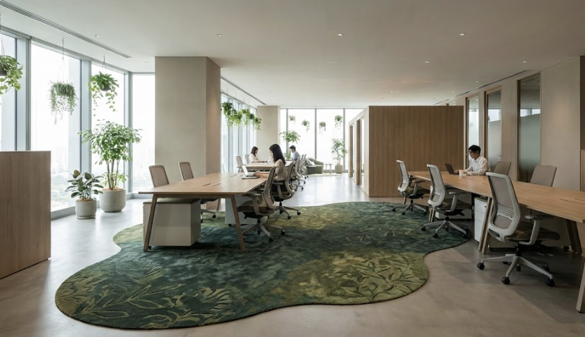 Thảm trang trí trong thiết kế Biophilic giúp không gian làm việc giảm cảm giác khô cứng, tạo nền thị giác gắn với yếu tố tự nhiên như màu xanh, hình khối lá và nhịp điệu mềm