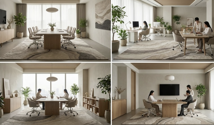 Thảm trang trí họa tiết hữu cơ với đường cong tự nhiên như vân đá hoặc sóng nước giúp không gian văn phòng giữ được cảm giác mềm và cân bằng thị giác, phù hợp các khu vực cần sự tiết chế về hình ảnh