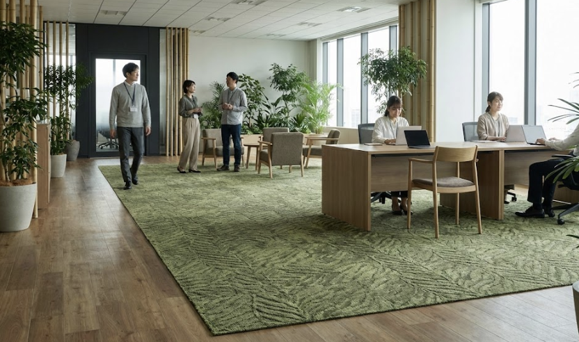 Qua sử dụng thực tế tại văn phòng, thảm trang trí Biophilic với tông xanh rêu và họa tiết lá giúp không gian làm việc dịu hơn, tạo cảm giác dễ chịu khi di chuyển và nghỉ ngắn giữa giờ