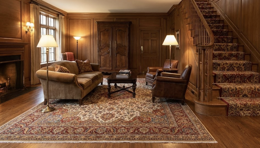 Thảm trải s&agrave;n dệt Wilton được ứng dụng phổ biến trong ph&ograve;ng kh&aacute;ch v&agrave; cầu thang nhờ cấu tr&uacute;c dệt bền v&agrave; hoa văn cổ điển