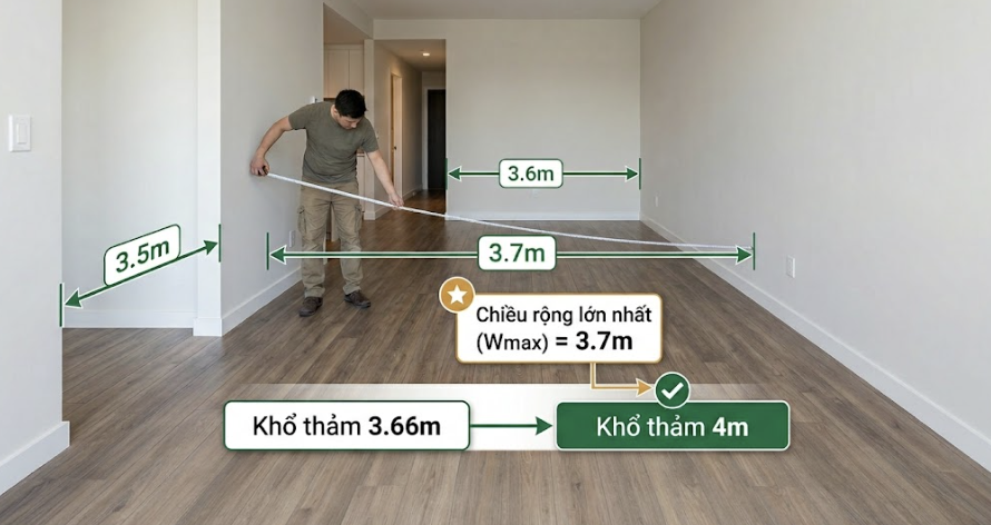 C&aacute;ch t&iacute;nh hao hụt thảm v&agrave; đo chiều rộng ph&ograve;ng để chọn khổ thảm cuộn