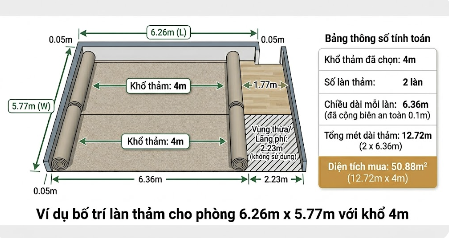 C&aacute;ch t&iacute;nh hao hụt thảm v&agrave; v&iacute; dụ bố tr&iacute; l&agrave;n thảm cho ph&ograve;ng 6.26m x 5.77m với khổ 4m
