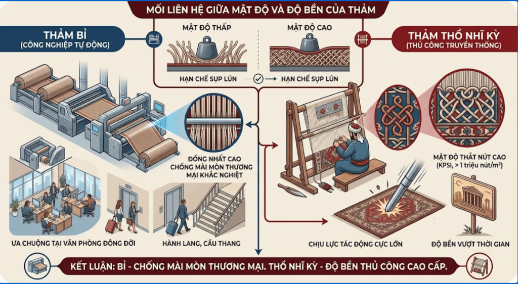 So s&aacute;nh thảm Bỉ v&agrave; Thổ Nhĩ Kỳ về mật độ dệt v&agrave; độ bền