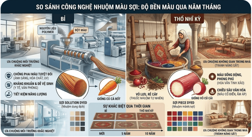 So s&aacute;nh thảm Bỉ v&agrave; Thổ Nhĩ Kỳ về c&ocirc;ng nghệ nhuộm