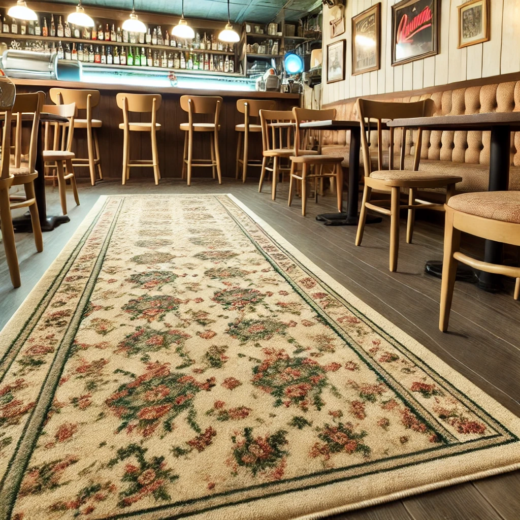 Đây là hình ảnh thảm trải sàn trong nhà hàng phong cách retro hoặc vintage, với các họa tiết cổ điển và không gian ấm cúng, đầy hoài niệm