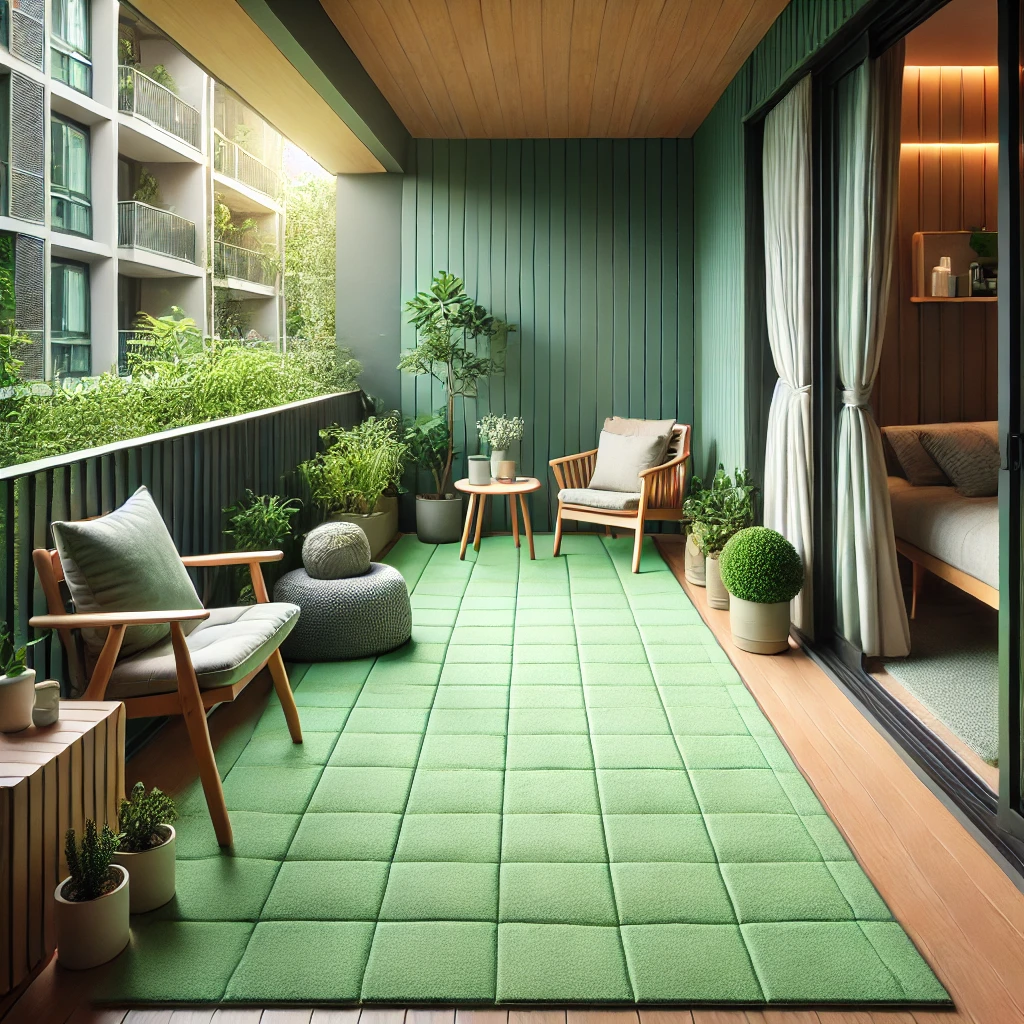 Hình ảnh: Thảm tấm màu xanh mang lại không gian xanh cho ban công.