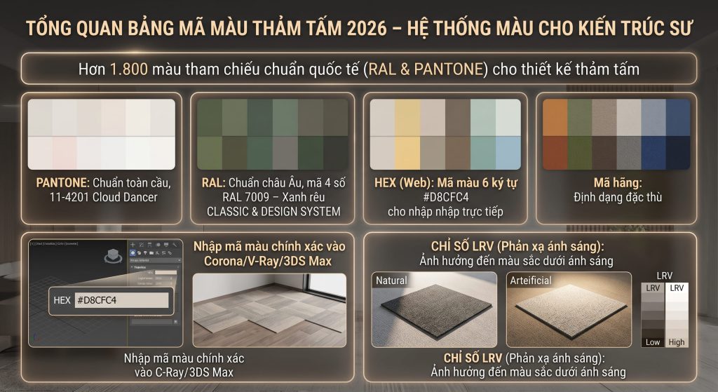 Bảng m&atilde; m&agrave;u thảm tấm 2026 d&agrave;nh cho kiến tr&uacute;c sư, bao gồm m&atilde; PANTONE, RAL, HEX v&agrave; m&atilde; h&atilde;ng, hiển thị chỉ số LRV v&agrave; ứng dụng trong render 3D