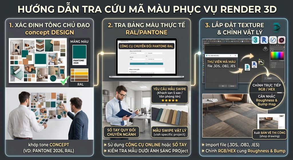 Quy tr&igrave;nh ba bước của kiến tr&uacute;c sư để tra cứu ch&iacute;nh x&aacute;c bảng m&atilde; m&agrave;u thảm tấm cho render 3D
