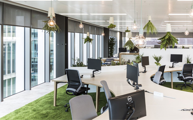 Các mẫu thiết kế văn phòng hiện đại 2026 biophilic kết hợp thảm trải sàn tone xanh lá cây