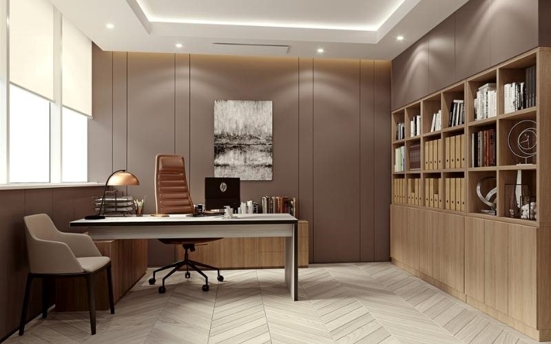 Các mẫu thiết kế văn phòng hiện đại 2026 kết hợp thảm trải sàn hoạt tiết xương cá