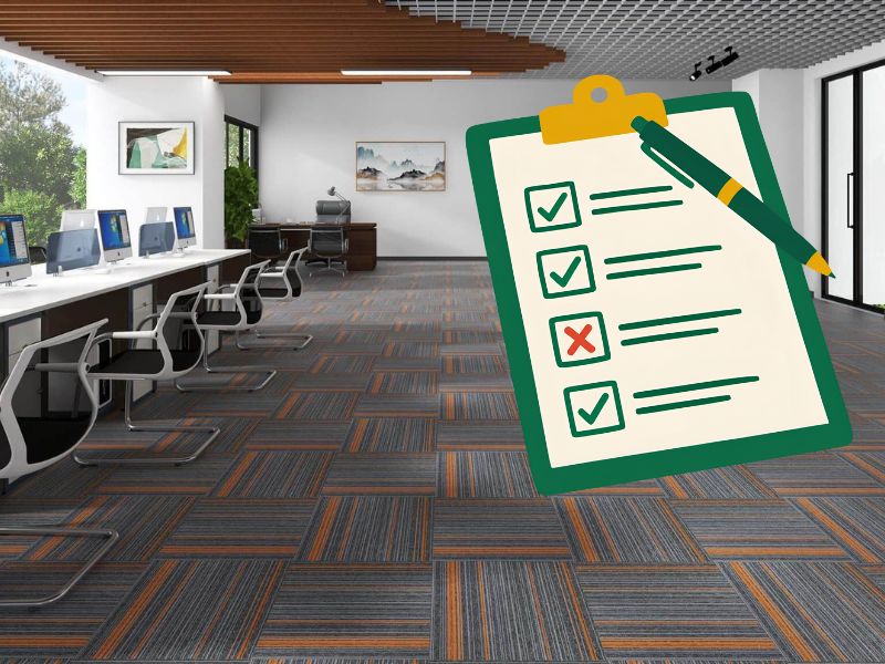 Checklist chọn thảm dự án văn phòng là bảng tổng hợp các tiêu chí cần xác nhận trước khi đặt hàng và thi công thảm