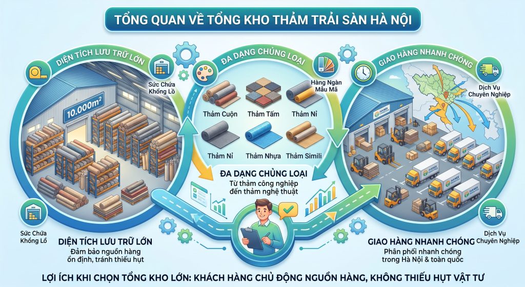 Chọn kho thảm trải s&agrave;n H&agrave; Nội với quy m&ocirc; lớn gi&uacute;p bạn chủ động nguồn h&agrave;ng, đảm bảo đa dạng chủng loại v&agrave; giao h&agrave;ng nhanh ch&oacute;ng, kh&ocirc;ng lo thiếu hụt vật tư